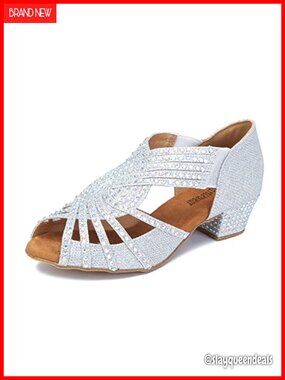 Womens Rhinestone Ballroom Latin Salsa Dance Shoes Suede Sole 1.5in Heel